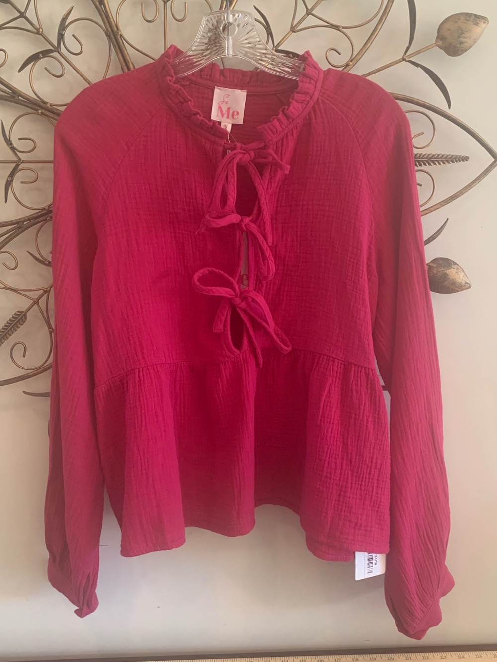 NWT So Me 100% Cotton Women's Pink Tie-Front Peasant Blouse